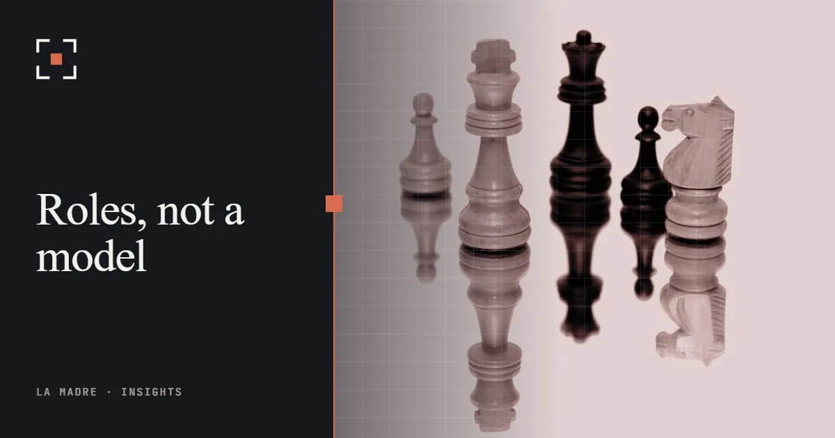 Wooden chess pieces of both colors reflected on a white surface, in La Madre duotone, beside the words Roles, not a model
