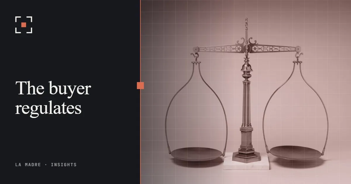 A gilded balance scale with two hanging pans, in La Madre duotone, beside the words The buyer regulates