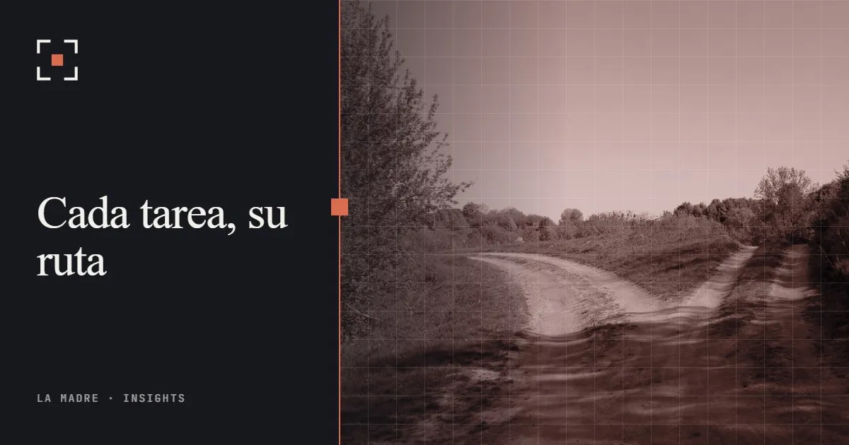 Un camino de tierra que se bifurca en dos senderos entre campos verdes, en duotono La Madre, junto a las palabras Cada tarea, su ruta