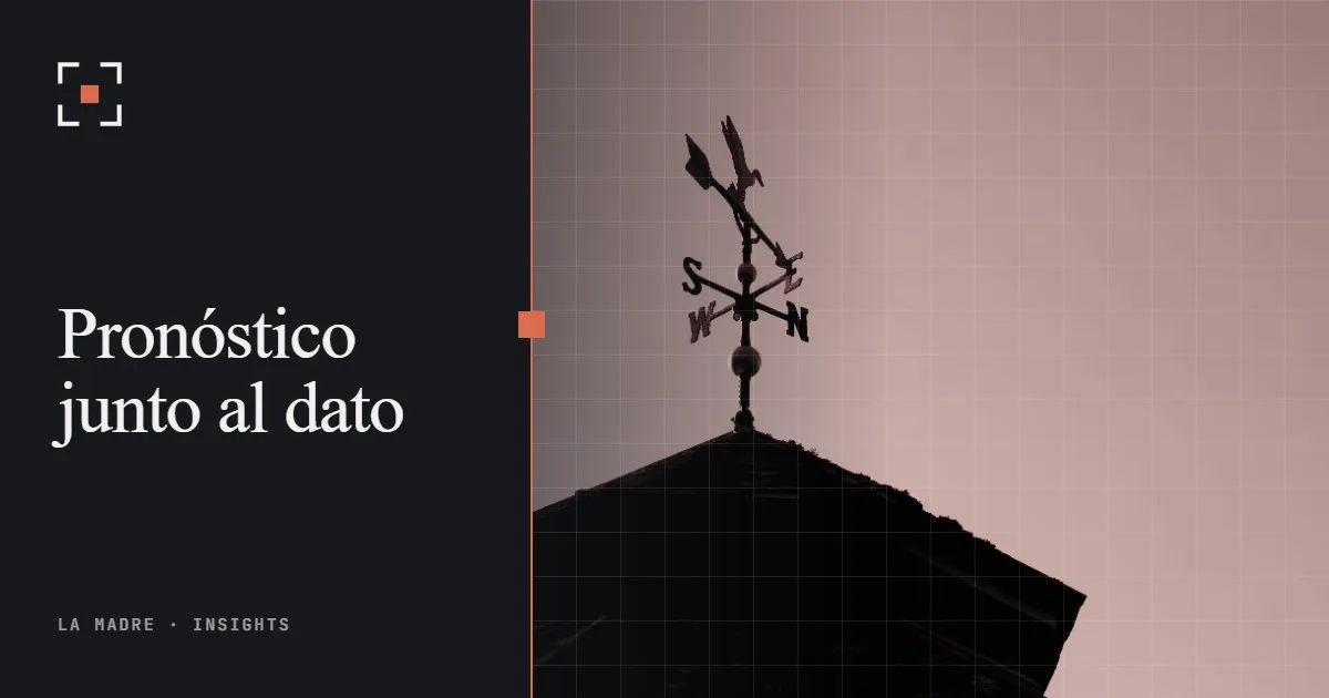 Una veleta en un tejado contra un cielo despejado, en duotono La Madre, junto a las palabras Pronóstico junto al dato