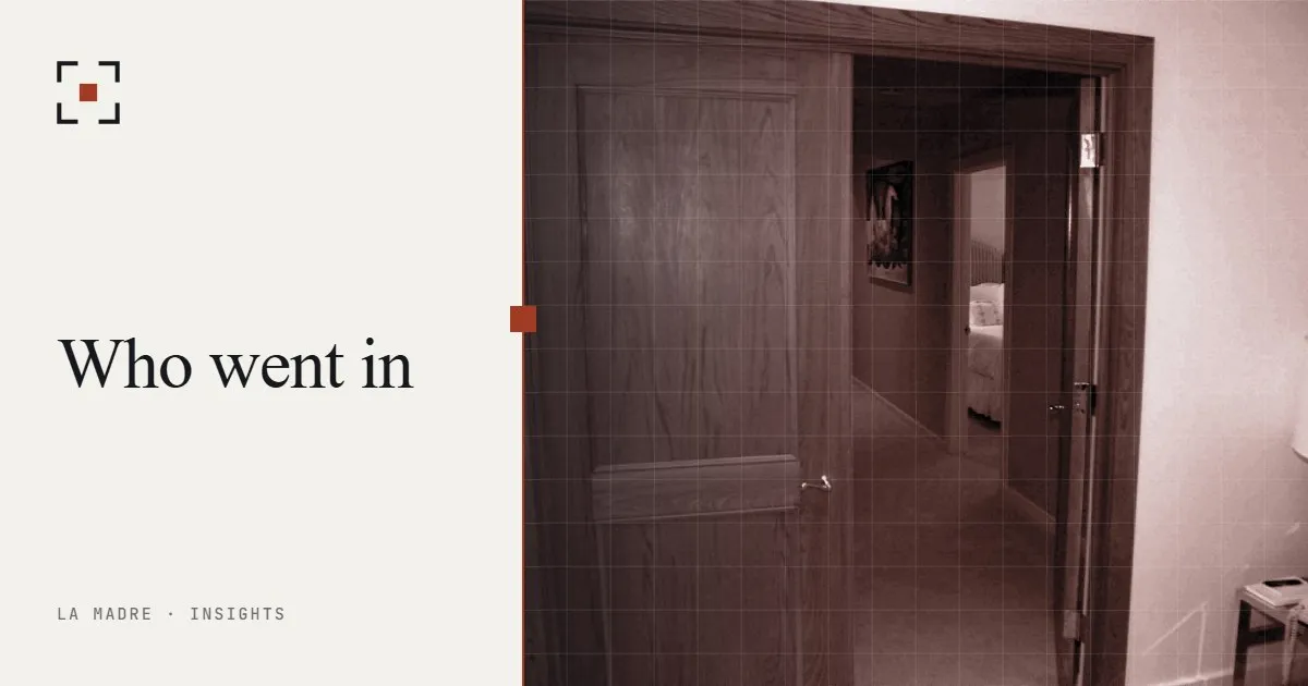 A wooden door left ajar onto a hallway, in La Madre duotone, beside the words Who went in