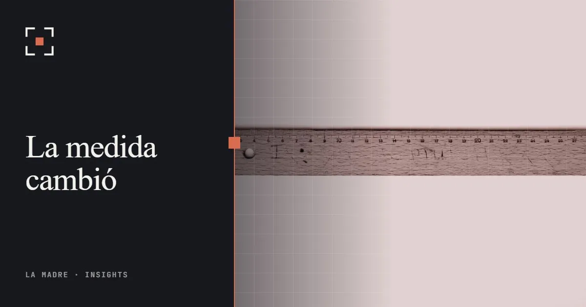 Una regla antigua de madera sobre una superficie blanca, en duotono La Madre, junto a las palabras La medida cambió