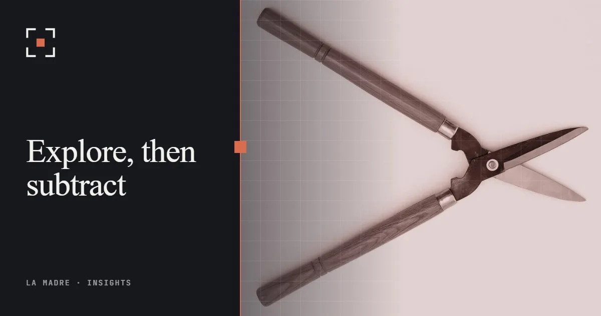 A pair of hedge shears on a white background, in La Madre duotone, beside the words Explore, then subtract
