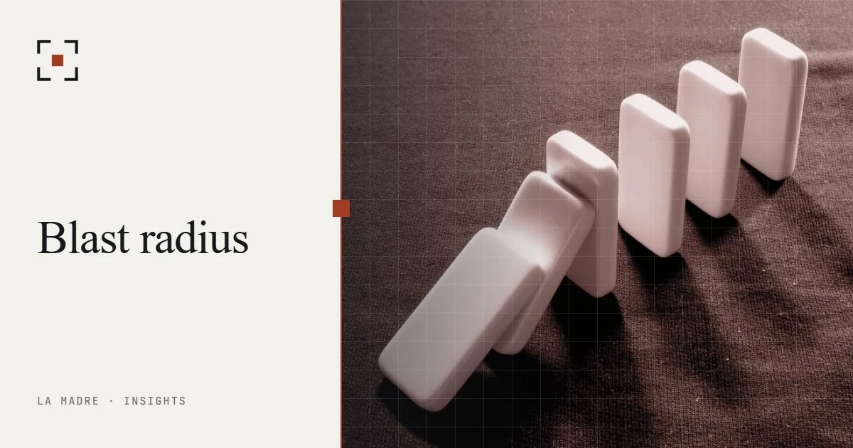 A line of white dominoes falling, in La Madre duotone, beside the words Blast radius