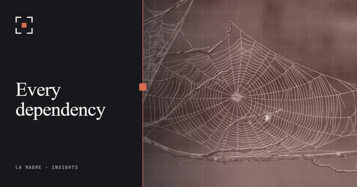 A spider web strung between twigs, beaded with dew, in La Madre duotone, beside the words Every dependency