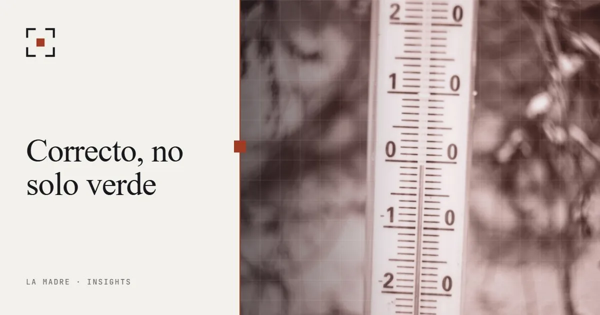 La escala de un termómetro vista de cerca, en el duotono de La Madre, junto a las palabras Correcto, no solo verde
