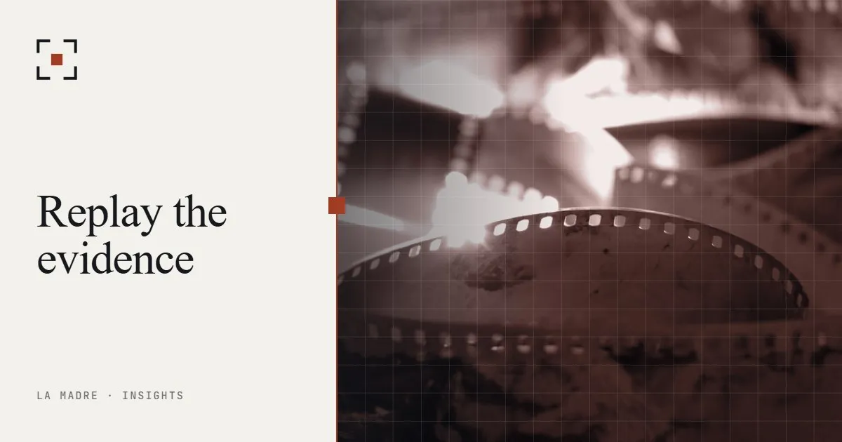 Coils of film strip catching warm light, in La Madre duotone, beside the words Replay the evidence
