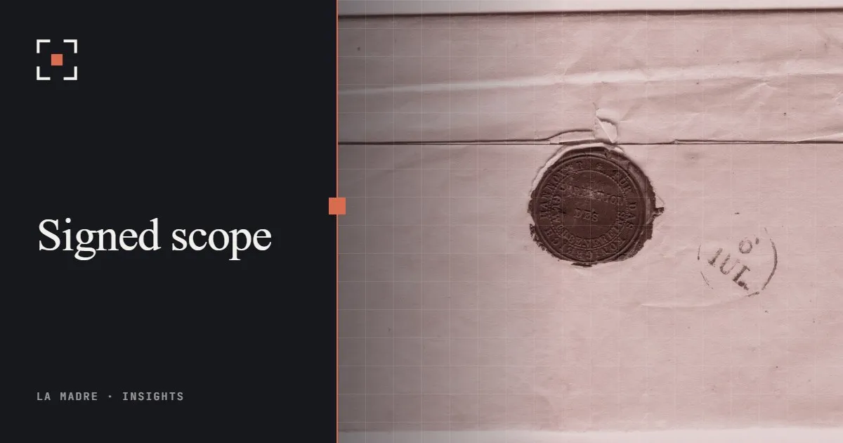 An old folded letter closed with a red wax seal, in La Madre duotone, beside the words Signed scope