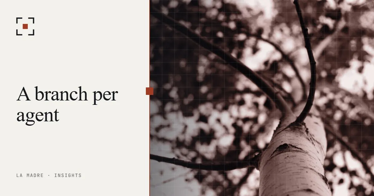 Bare tree branches seen from below, in La Madre duotone, beside the words A branch per agent