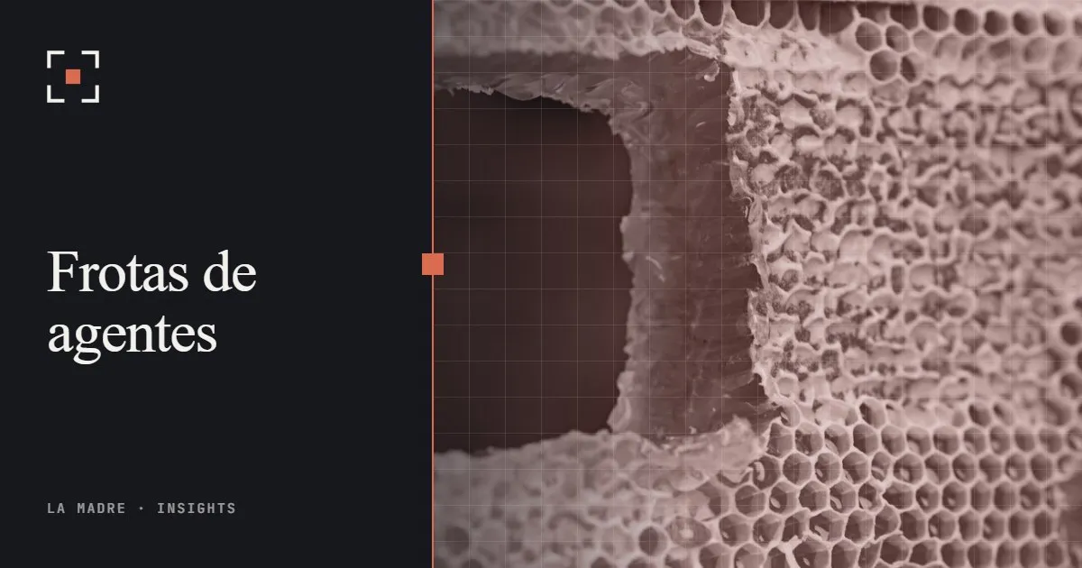 Detalhe de um favo de mel com centenas de células, em duotone La Madre, ao lado das palavras Frotas de agentes