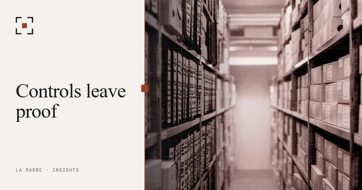 A long archive aisle lined with shelves of boxes and binders, in La Madre duotone, beside the words Controls leave proof
