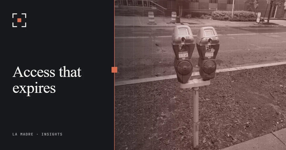 A pair of parking meters on a city sidewalk, in La Madre duotone, beside the words Access that expires