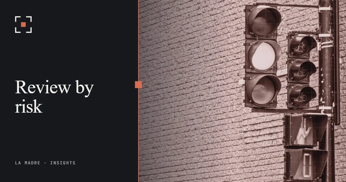 A traffic light against a brick wall, in La Madre duotone, beside the words Review by risk