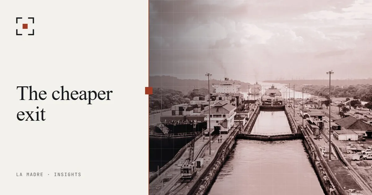 A ship moving through the chambers of a canal lock, in La Madre duotone, beside the words The cheaper exit