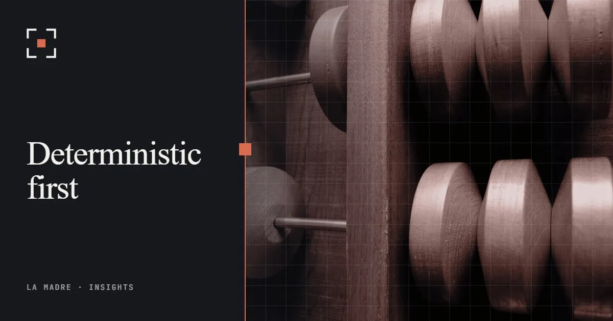 Close-up of the wooden beads of a large abacus, in La Madre duotone, beside the words Deterministic first