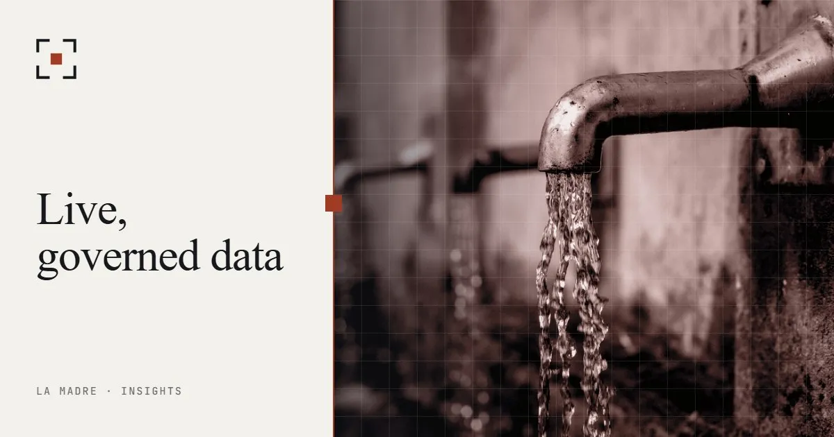 Water running from an old outdoor faucet, in La Madre duotone, beside the words Live, governed data