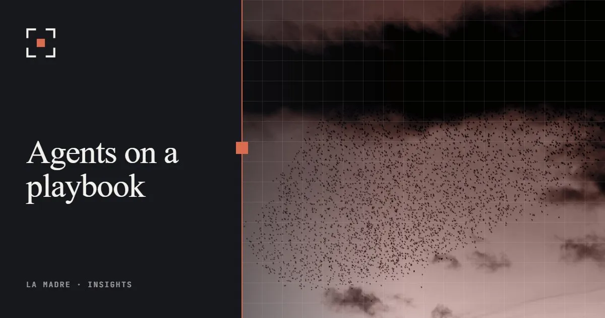 A dense flock of birds moving across a grey sky, in La Madre duotone, beside the words Agents on a playbook