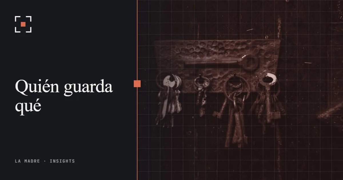 Llaves antiguas de hierro colgadas en una pared oscura, en duotono La Madre, junto a las palabras Quién guarda qué