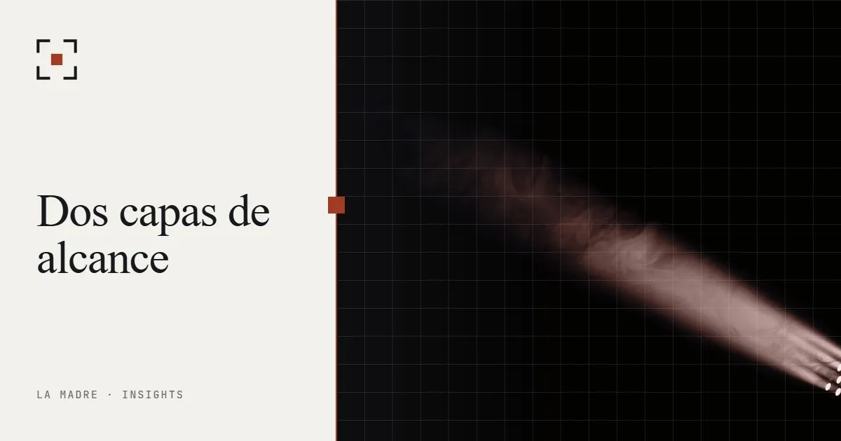 Un haz estrecho de foco que atraviesa la oscuridad, en duotono La Madre, junto a las palabras Dos capas de alcance