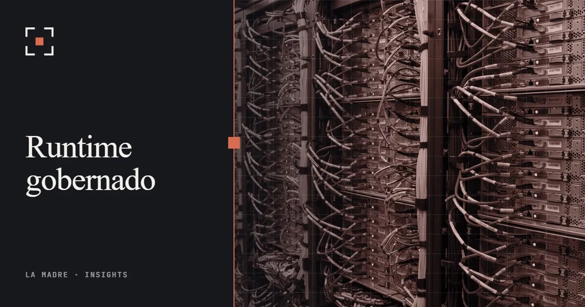 Racks de servidores llenos de cables de red, en duotono La Madre, junto a las palabras Runtime gobernado