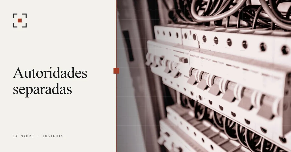Una fila de interruptores automáticos en un panel eléctrico, en duotono de La Madre, junto a las palabras Autoridades separadas
