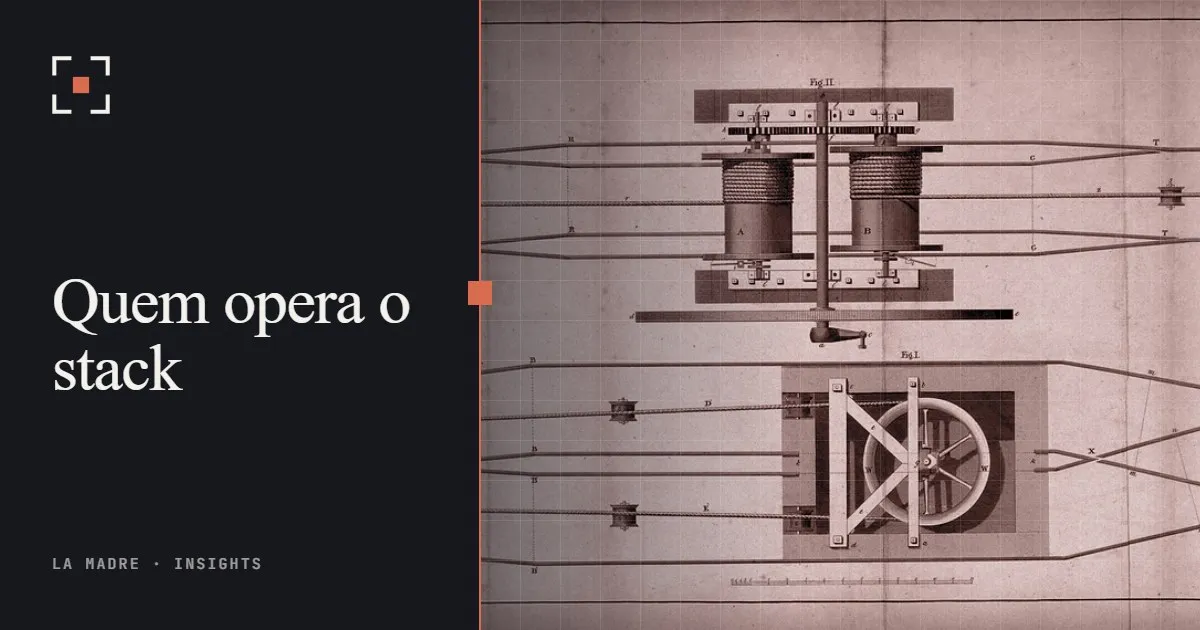 Uma gravura de mecanismos de mudança de via férrea, em duotone La Madre, ao lado das palavras Quem opera o stack