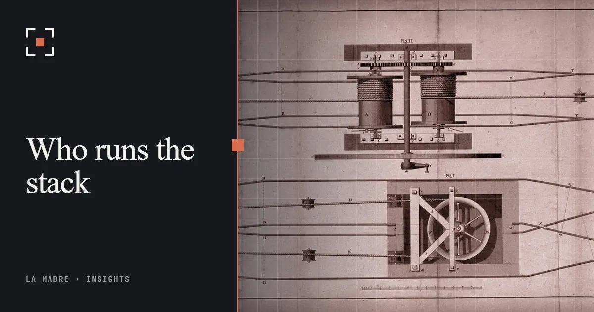 An engraving of railway point-changing mechanisms, in La Madre duotone, beside the words Who runs the stack