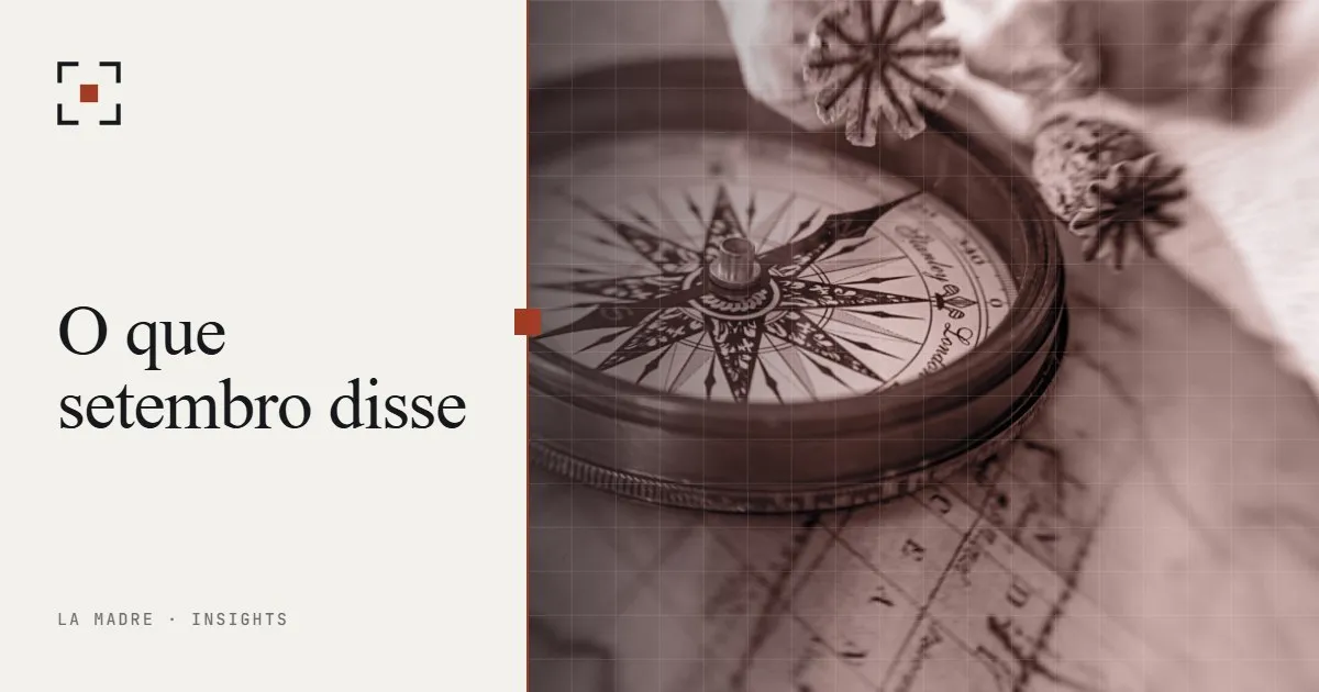 Uma bússola antiga de latão sobre um mapa velho, em duotone La Madre, ao lado das palavras O que setembro disse