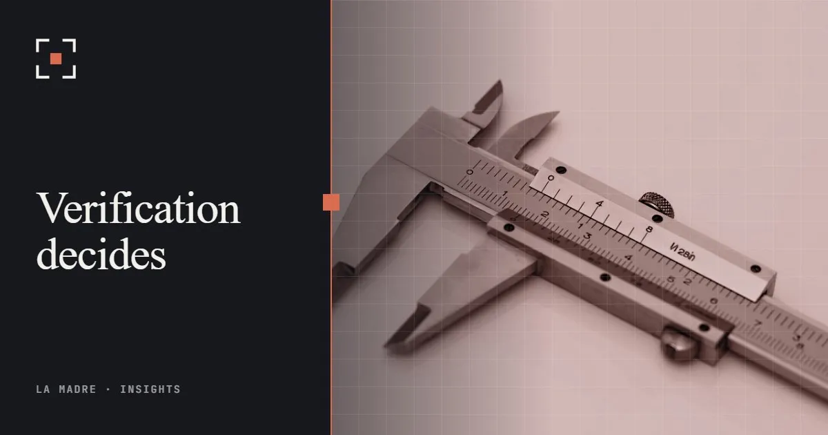 A steel vernier caliper on a light surface, in La Madre duotone, beside the words Verification decides