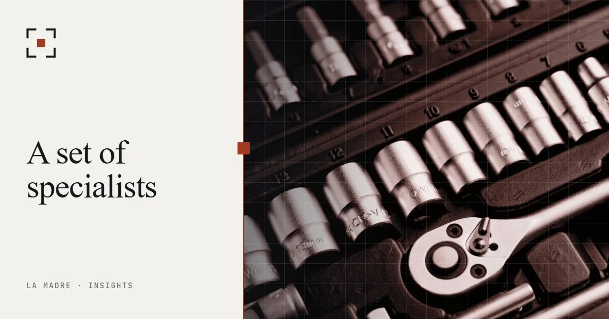 An open case of chrome wrench sockets in graded sizes, in La Madre duotone, beside the words A set of specialists