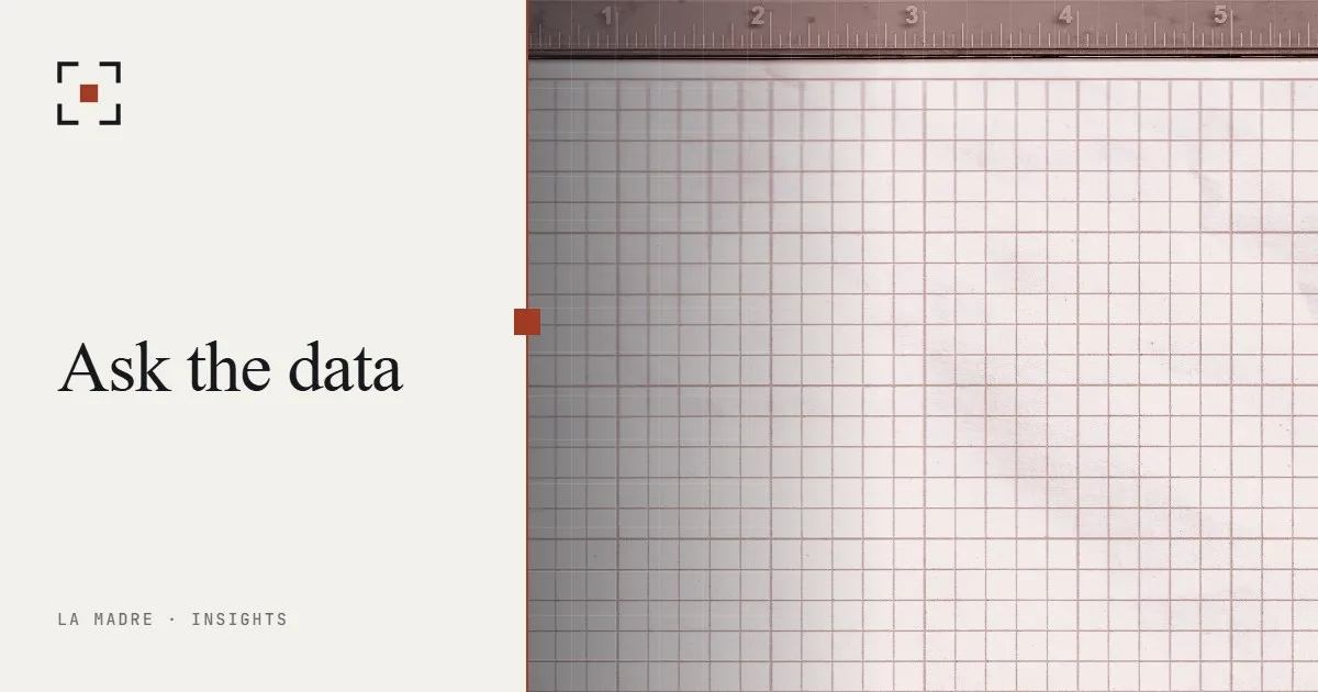 A sheet of green engineering grid paper under a ruler, in La Madre duotone, beside the words Ask the data