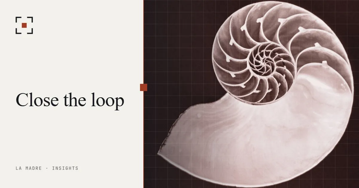 A spiral of a nautilus shell in close up, in La Madre duotone, beside the words Close the loop