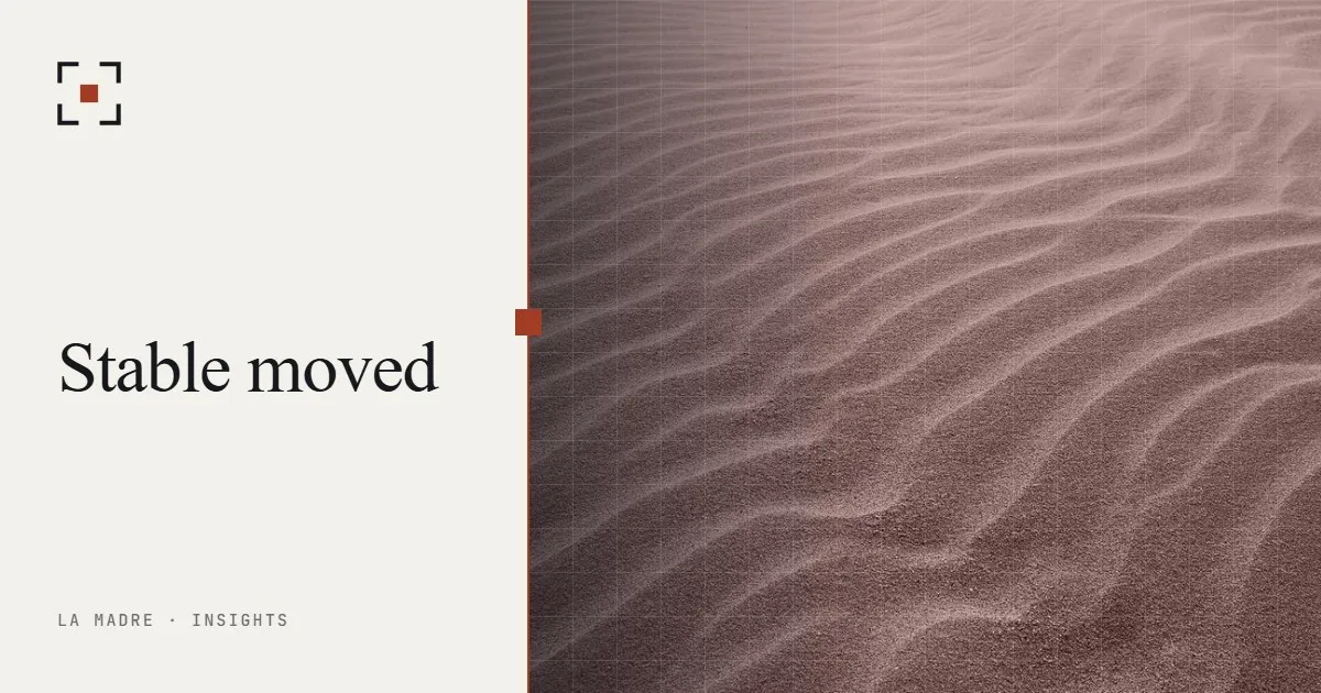 Wind ripples on a sand dune, in La Madre duotone, beside the words Stable moved