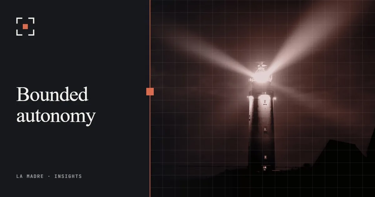A lighthouse beam crossing a dark sea at night, in La Madre duotone, beside the words Bounded autonomy