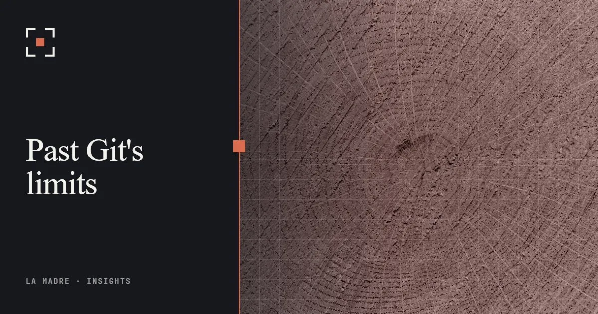 The growth rings of a cut tree trunk, in La Madre duotone, beside the words Past Git's limits