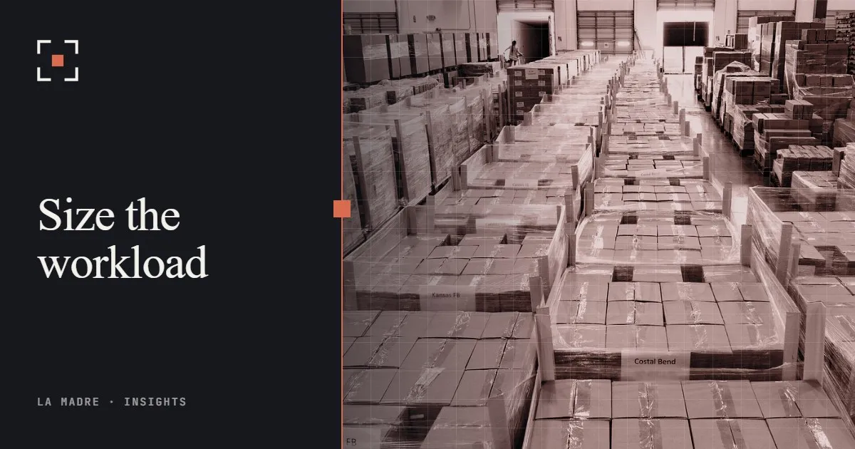Long rows of stacked cardboard boxes in a warehouse, in La Madre duotone, beside the words Size the workload