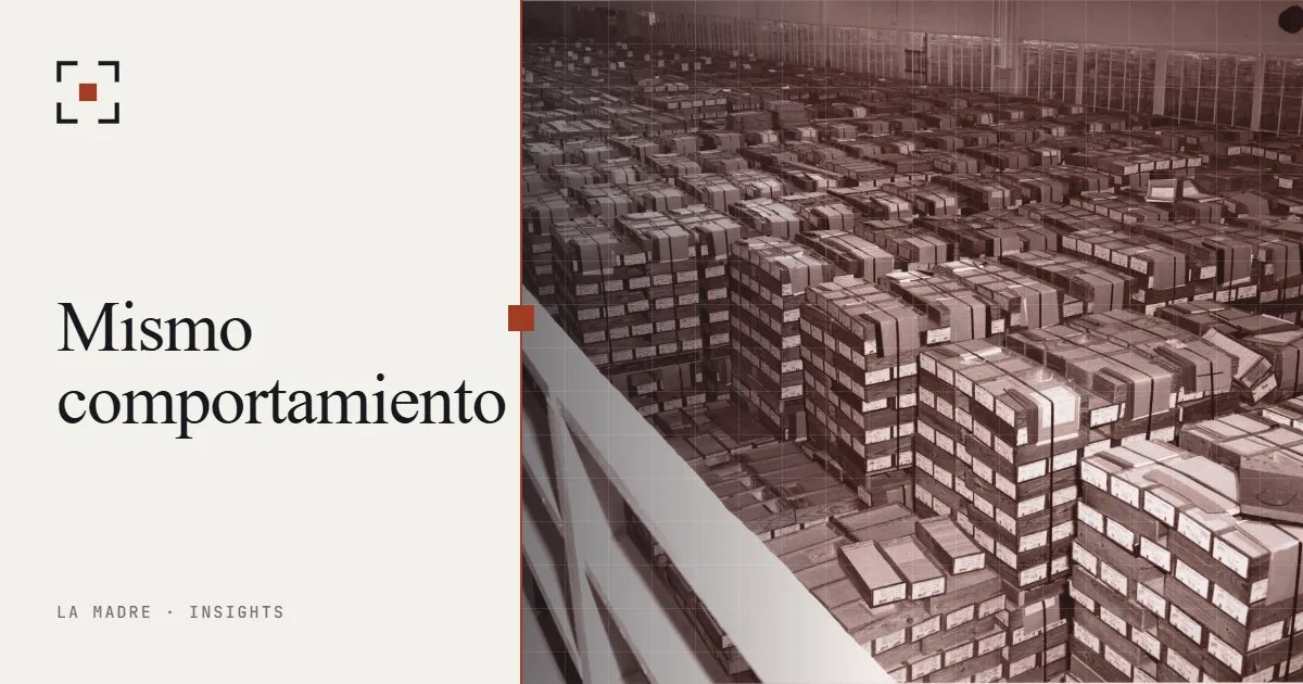 Filas de cajas de tarjetas perforadas de IBM apiladas en un gran almacén, en duotono La Madre, junto a las palabras Mismo comportamiento