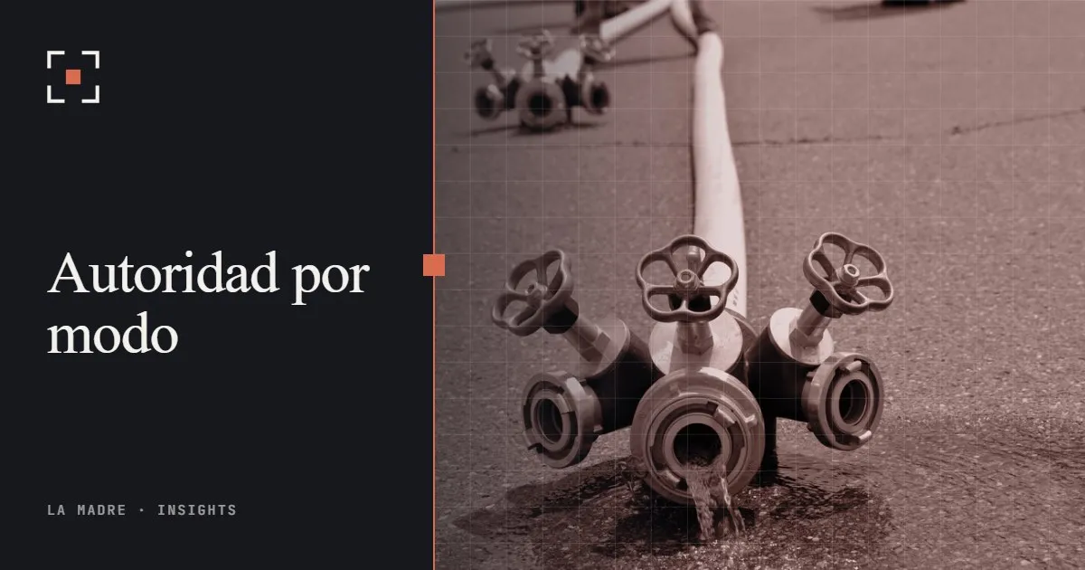 Un colector de manguera contra incendios con tres válvulas sobre asfalto mojado, en duotono La Madre, junto a las palabras Autoridad por modo