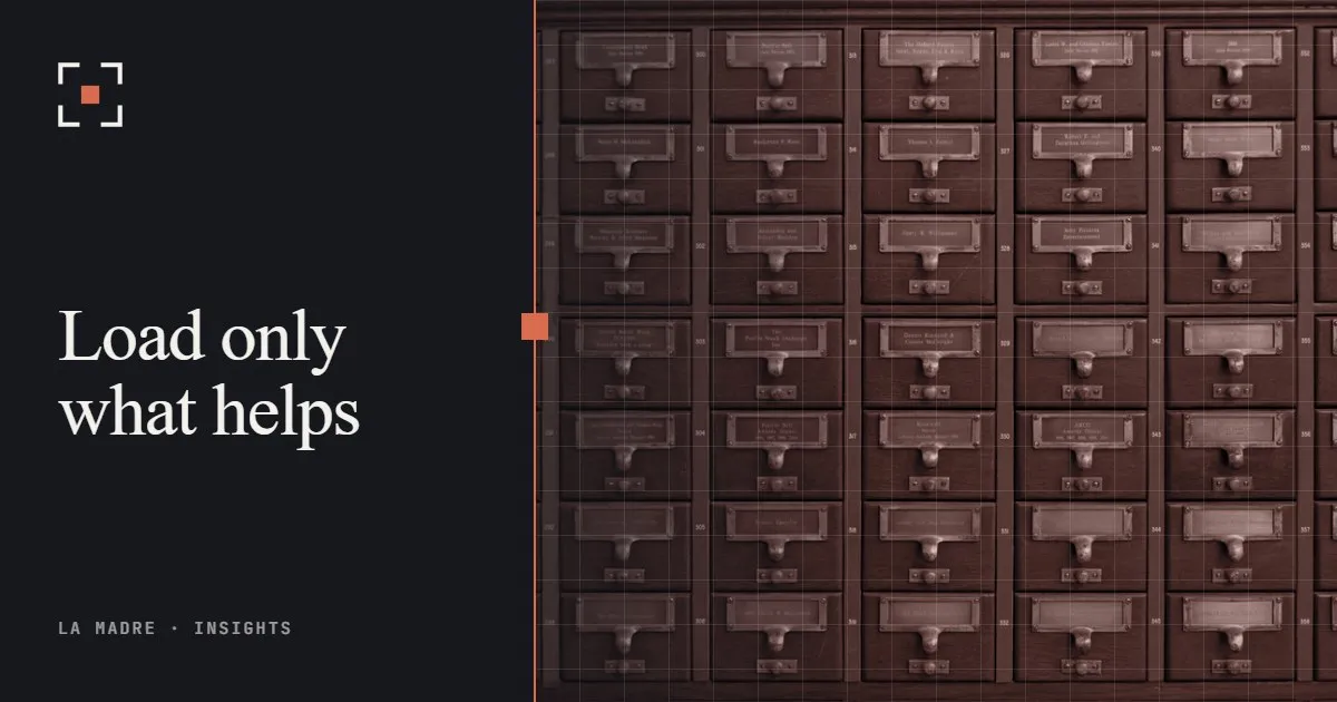 Rows of wooden library card catalog drawers, in La Madre duotone, beside the words Load only what helps