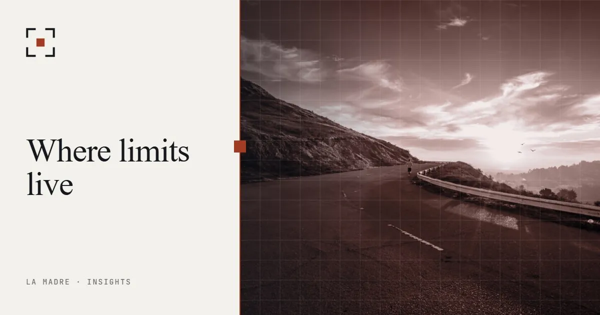 A mountain road curving along a guardrail at sunset, in La Madre duotone, beside the words Where limits live