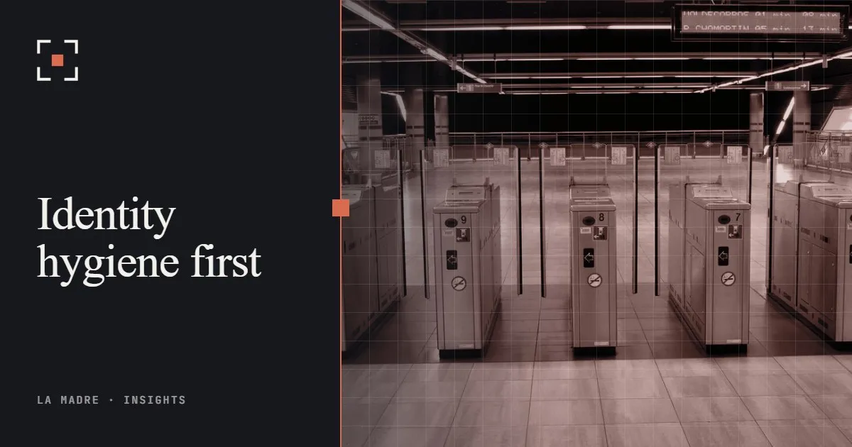 A row of metro turnstiles in a bright station, in La Madre duotone, beside the words Identity hygiene first