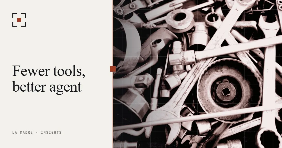 A jumble of wrenches and sockets in black and white, in La Madre duotone, beside the words Fewer tools, better agent