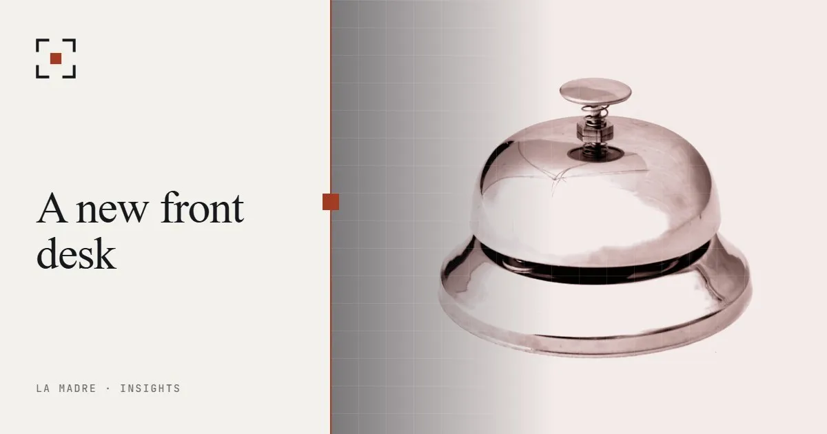 A chrome reception bell on a plain background, in La Madre duotone, beside the words A new front desk