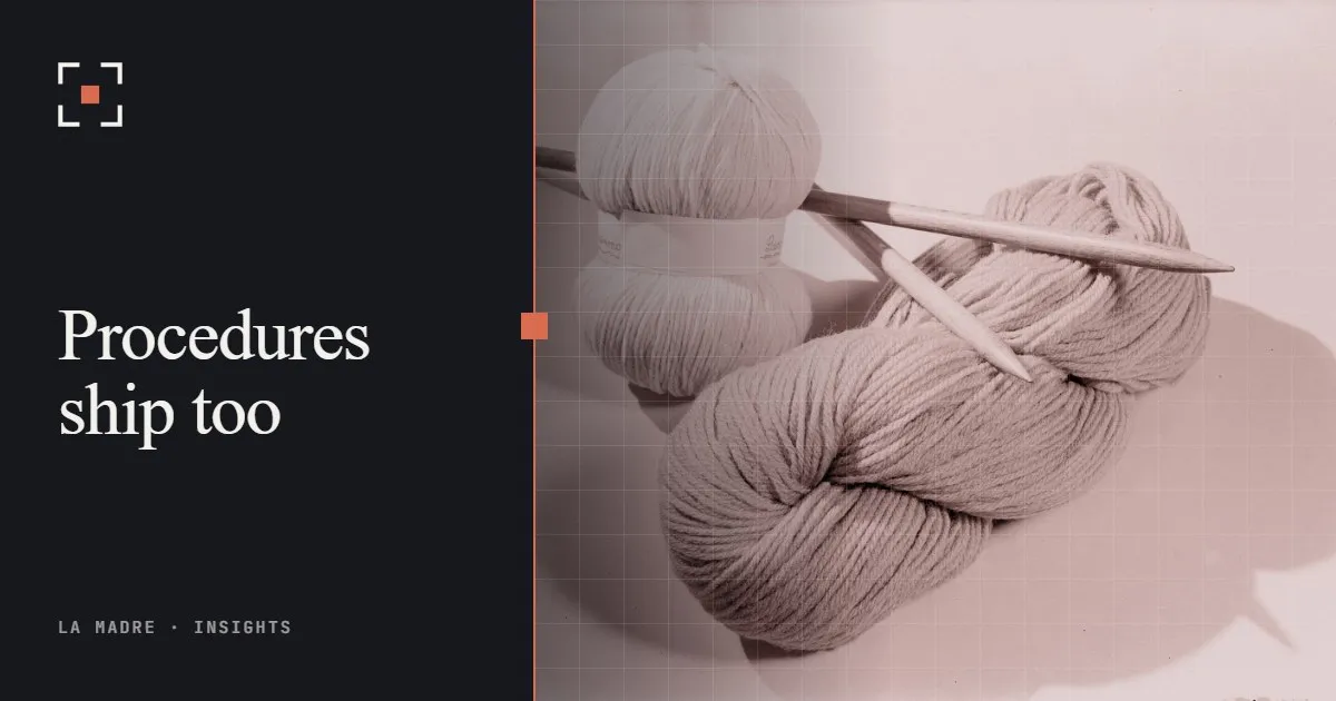 Skeins of wool yarn with knitting needles, in La Madre duotone, beside the words Procedures ship too