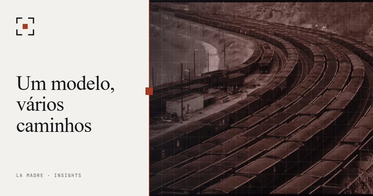 Trilhos paralelos em curva em um pátio ferroviário, em duotone La Madre, ao lado das palavras Um modelo, vários caminhos