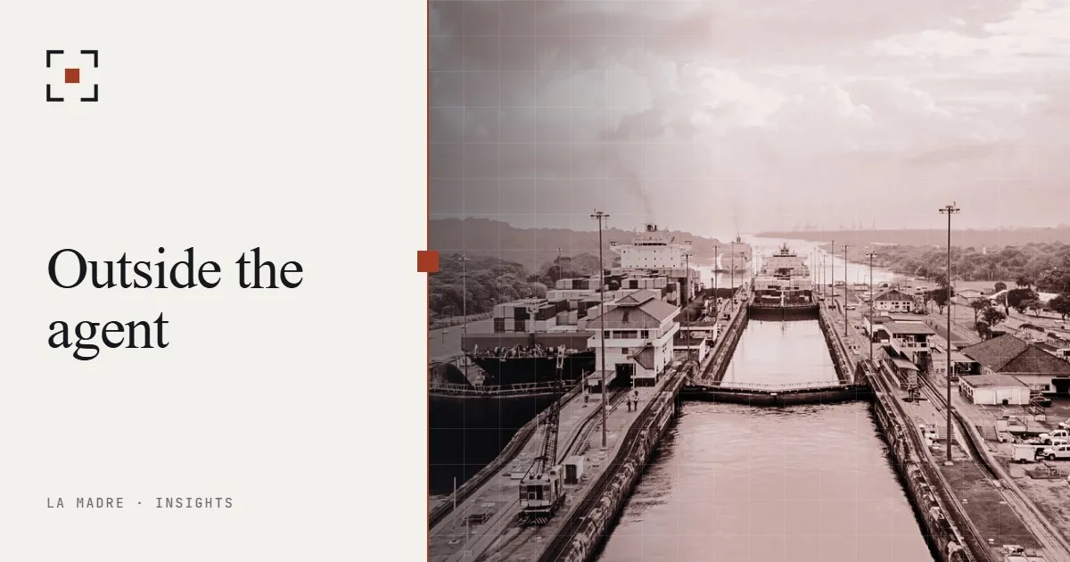 A canal lock with closed gates holding a ship between two water levels, in La Madre duotone, beside the words Outside the agent