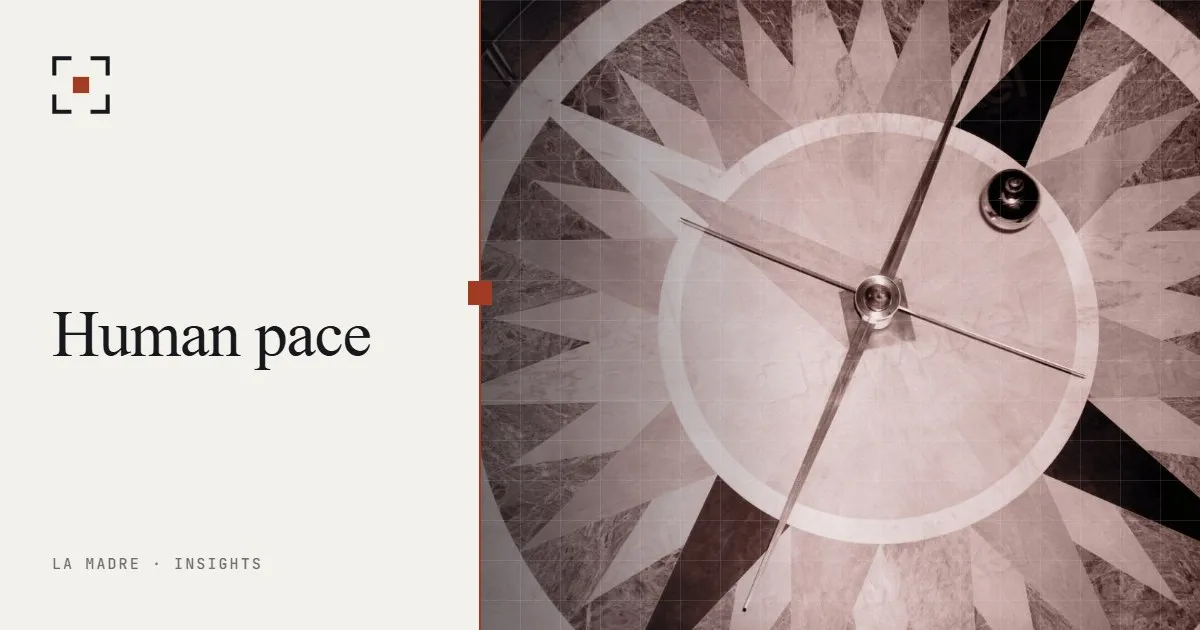 A Foucault pendulum bob swinging over a compass rose floor, in La Madre duotone, beside the words Human pace