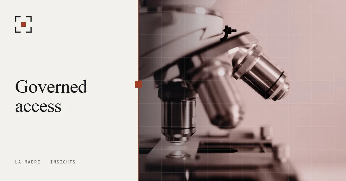 Laboratory microscope objectives, in La Madre duotone, beside the words Governed access