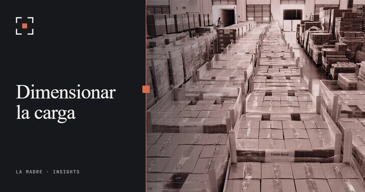 Largas filas de cajas de cartón apiladas en un almacén, en duotono La Madre, junto a las palabras Dimensionar la carga